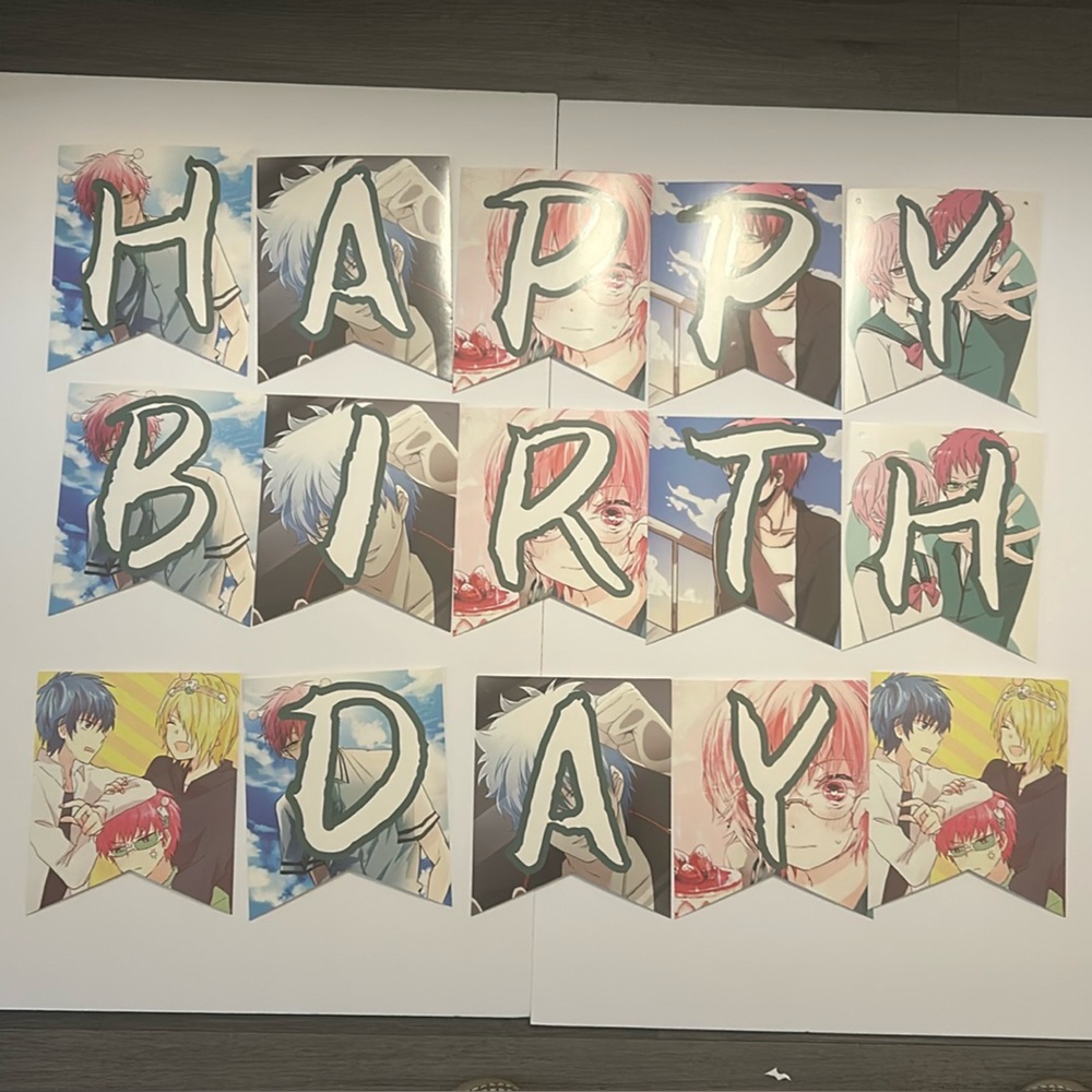 Anime, happy birthday banner,6-streamers, cupcake pick,cake pick